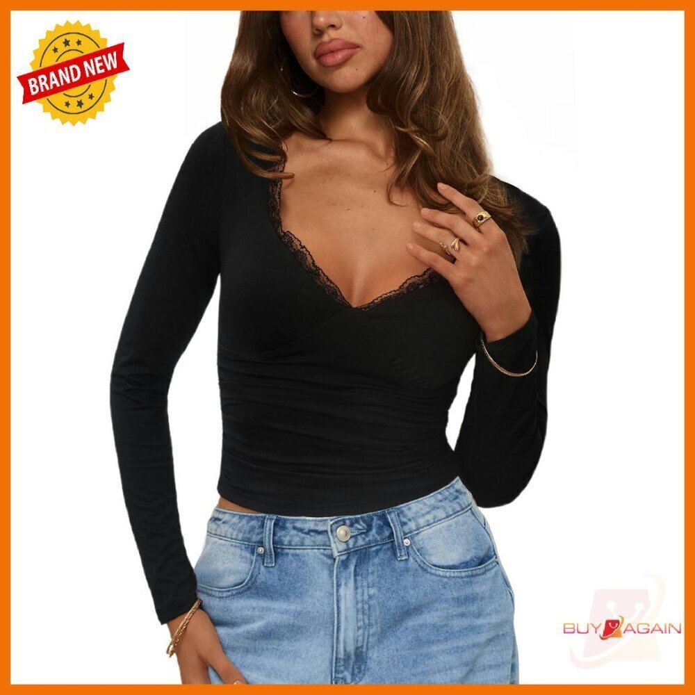 Lace Trim Deep V Neck Long Sleeve Crop Top Fitted Tee Double Lined